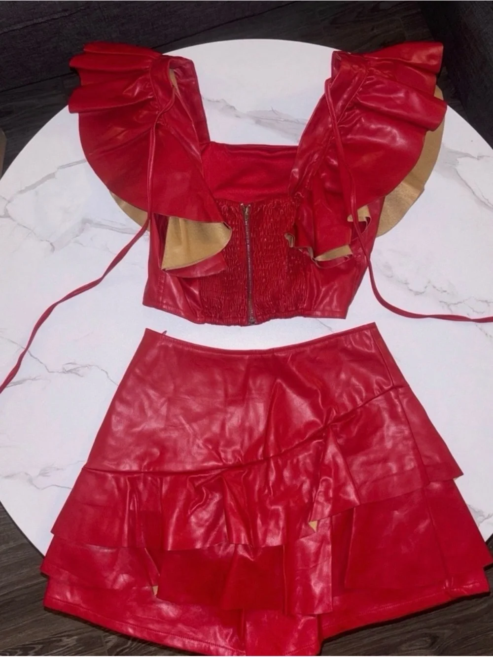 Buddy Love Red Faux Leather Ruffle Two-Piece Set